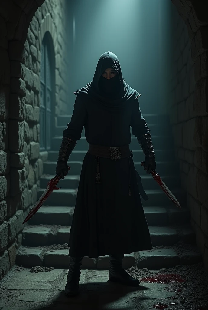 (masterpiece:1.2), (best quality:1.2), 8k, HDR, ultra detailed, ((photorealistic)), professional light, cinematic lighting, fashion photography, ambient lighting, background, a dark medieval dungeon, Darkness, epiCPhoto, fire, stairs, A thief in cloth armor, holding long blooding dagger in each hands.fair background,