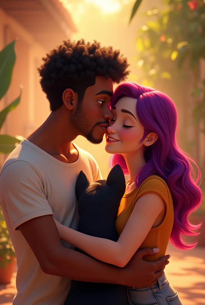 Disney Pixar-type animation of a young Colombian man with dark skin, cheek, a fat man, Short curly black hair with a fade cut, thin nose, thin eyebrows and short beard. Hugging a young woman with long violet red hair very lovingly, white skin and a border collie dog with all black hair