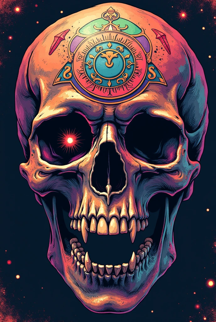 Close up of a skull with one angry eye, Viking symbols, Striking the skull, Broken teeth, fantasy skull, Horrible colorful and detailed art, horror color art 8k, Sacred skull, Psychedelic background magic, Detailed digital art, texture, Sacred skulls , Psychedelic illustration, textured skull, skeleton face, Death skull, horror color art, Psychedelic art style