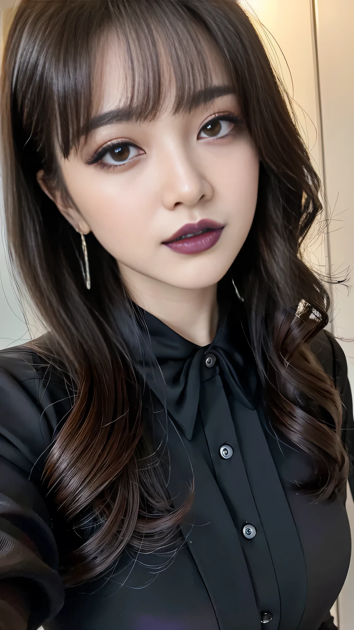best quality、ultra-detailed、8k、Japanese、Seductive beauty、seductive adult woman、Pretty Woman、cool girl、smirk、Wicked Smile、Villainess、brainwash makeup、brainwash、Fallen into evil、Evil look、evil、Brown hair、wavy hair、swept bangs、dark makeup、piercing eyes、hollow eyes,half-closed eyes、Hollow Eyes、purple Eyeshadow、black lipstick、black lipglos、Purple Eyeshadow、black lipstick、black lip gloss、Dark Makeup、smirk、Whisper in my ear、Evil look、suit、Jacket、blouse、ribbon、Tight Skirt、pantyhose、Shiny beautiful legs、night、inside darkroom、Kiss、I have lipstick、Are standing、Look、Offer、shoot from below、Connected by many cords
