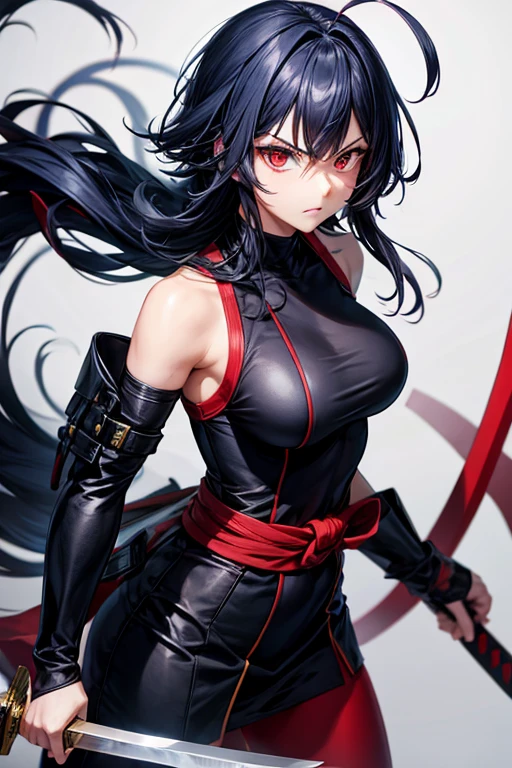 Red eyes, Bob Hair, Large Breasts, Navy Blue Hair, Inner Color, Black Ninja Uniform,Angry, Sword holding,Ahoge, Fight the enemy