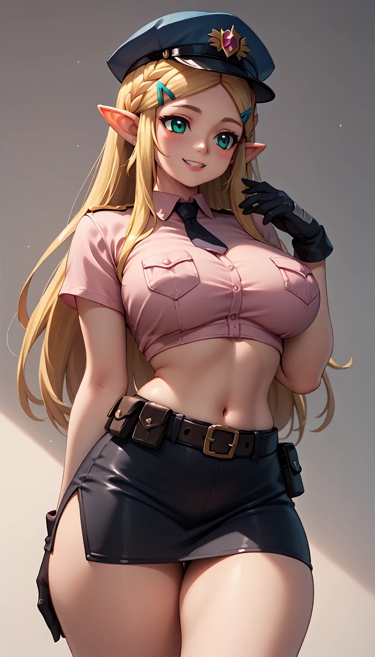 High resolution, Very detailed, perfect lighting, beautiful detailed eyes, ((masterpiece,Best Quality)), absurdities, alone, princess zelda, by the width, crown braid, Hair clip, pointy ears, Gloves without fingers, black gloves, smile, curves, nod, , deep neckline, deep neckline, Pink sexy police costume, touching her breasts in a sexy way, close up, Looking to the future, tight short skirt, Pink cropped fitted shirt, police hat