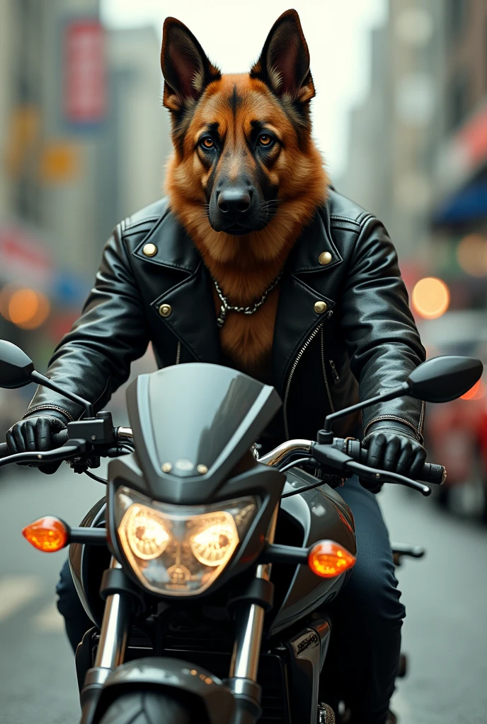 German Shepherd in leather jacket riding a Kawasaki Ninja 250