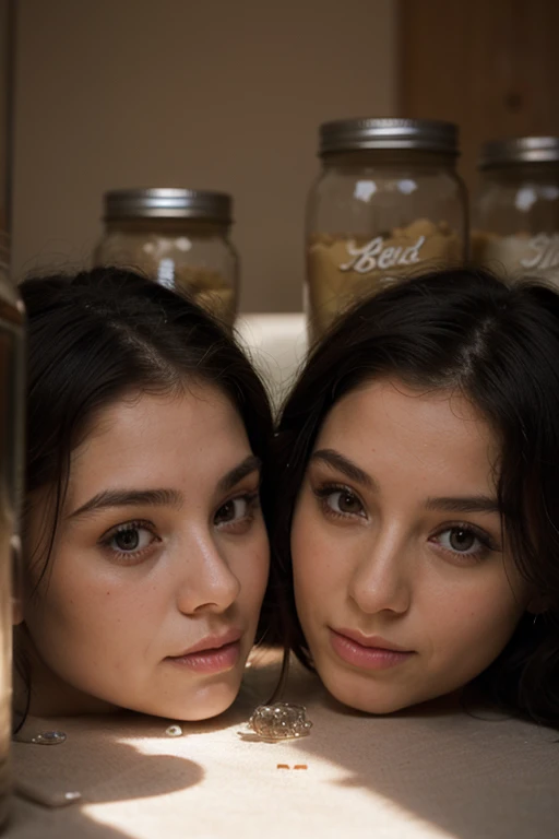 ((Three women' heads stored inside glass jars)), sexy, beautiful women, headless, (high quality) (realistic)