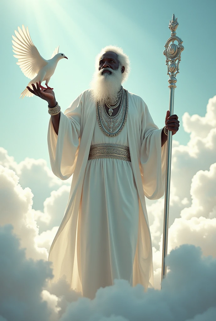 Black man Orisha, elder, barba branca, walking on clouds, white tunic, white necklaces, holding a white dove in his hand, silver staff, sun shining