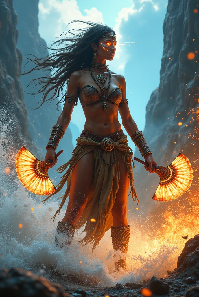 Imagine an indigenous woman warrior with fighting fans in the avatar state, dominating the 4 elements of nature: water., land, fire and air