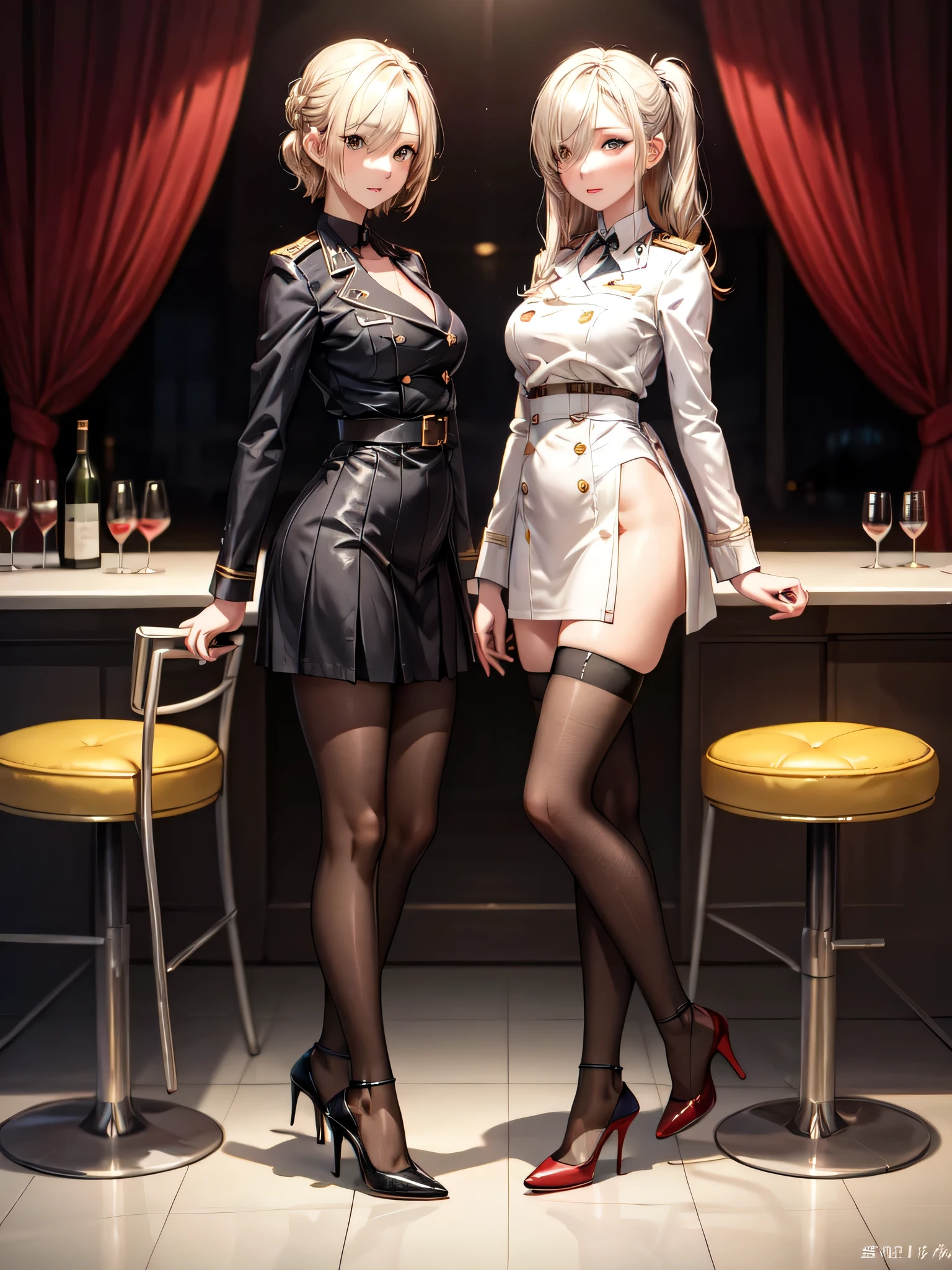 (masterpiece:1.3),(best quality, highest quality),((Full Body Shot,Including face)), ((1girl)), 4K, masterpiece, ((Focus on the face)),((Symmetrical facial features)), Beautiful woman, (Slender), ((Patterned stockings with straps)), Detailed depiction of the face, bar counter, Slenderな女性, National flag, 20-year-old,Beautiful Face, (Upper Body),Hair on one eye, Medium Sidecut, bionde, Sharp focus, Enamel military uniform, Tight Skirt, (High heels:1.5),Cocktail,Wine