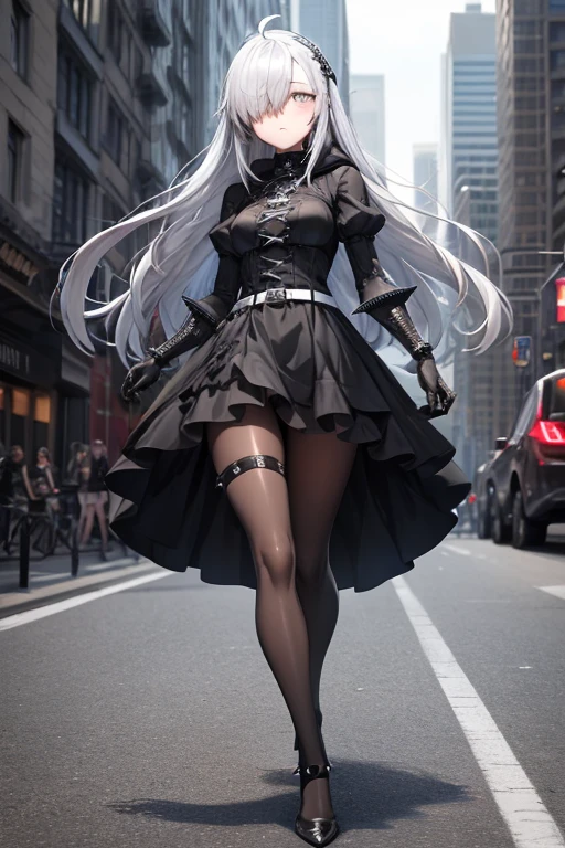 ((best quality)), ((masterpiece)), (detailed), 1 girl, full body, 18 years old, depressed face, pretty face, mask, silver eyes, blushing, silver hair, long hair, spiky hair, ahoge, bangs, strand of hair covering her right eye, full body, very tall, very small breasts, slim body, gray hood, metal spikes, gray wristbands, long black gloves with spikes, gray dress, gray gothic ta dress, puffy sleeve, gray dress with metal spikes, blades on the steering wheel, metal emblem, somewhat tight, black belt, pale skin, black stockings, black shoes, walking in the city, metal spikes sticking out of the road, looking at me, city background, anime