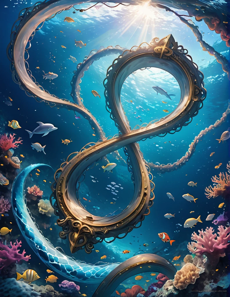 Traps in a deep sea. Any of sea animals. Something that goes on forever without any limit or end (infinity). A written word 'Infinity'.