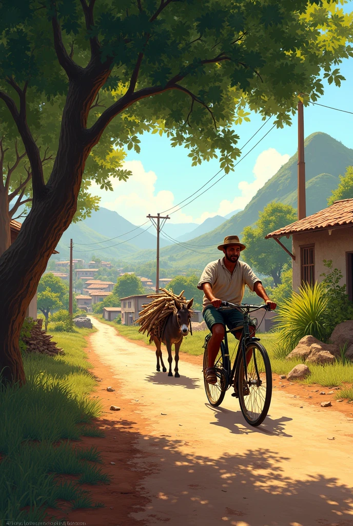 An image of a town in the Colombian Guajira, where there is a path full of leafy trees and a man riding a bicycle, leading a donkey tied with firewood 