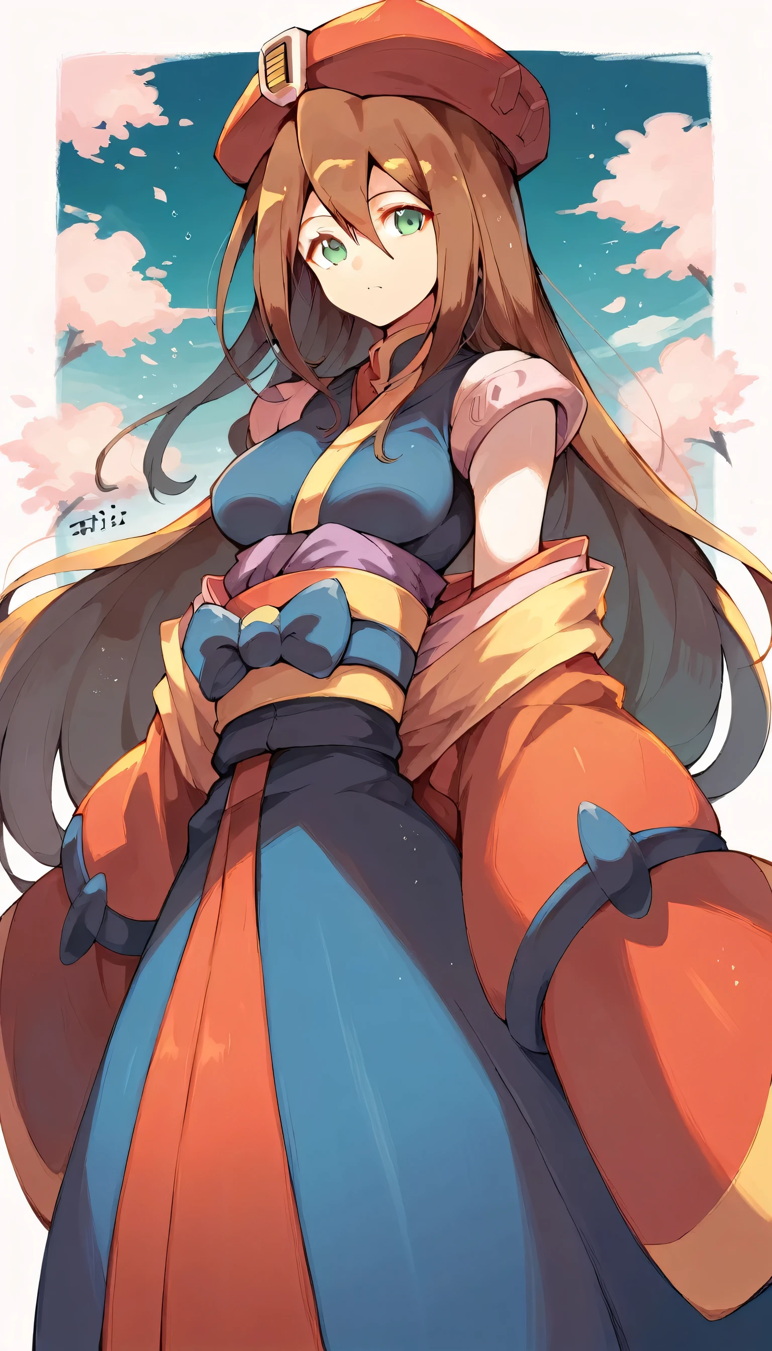 1girl, solo, japanese clothes, sash, kimono, bangs, looking at viewer, obi, gradient,iris \(mega man\)
1girl, long hair, brown hair, hat, green eyes, breasts, beret,  hair between eyes, red headwear