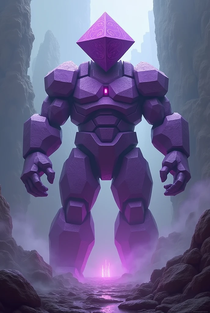 20 sides Dice golem no face no human features magic purple bulk floating head artifact no neck stone mechanic articulated