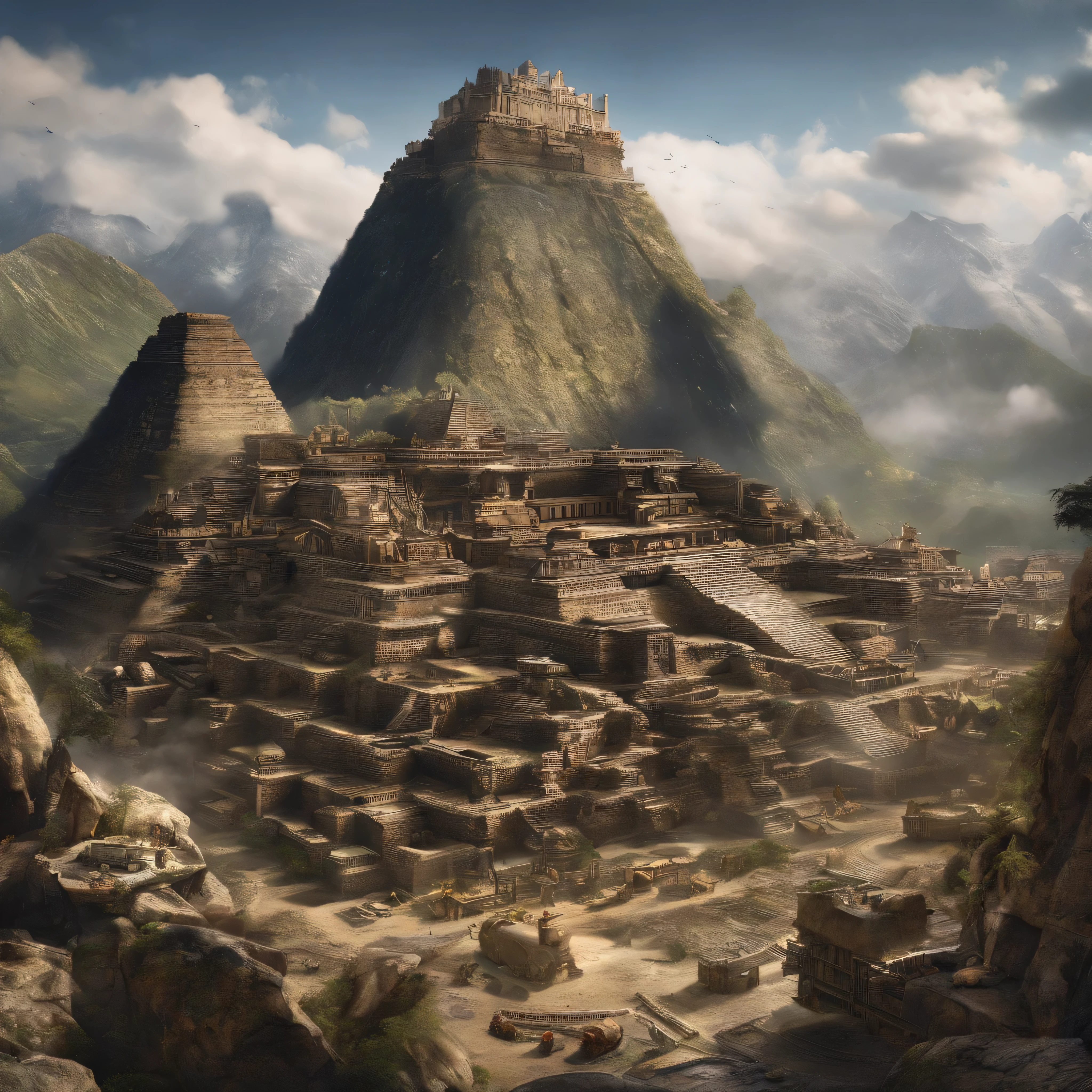 Giant mountains with a civilization of Aztec warriors hidden among the mountains in the place where pieces of stone inlaid with precious gems amulets have been found