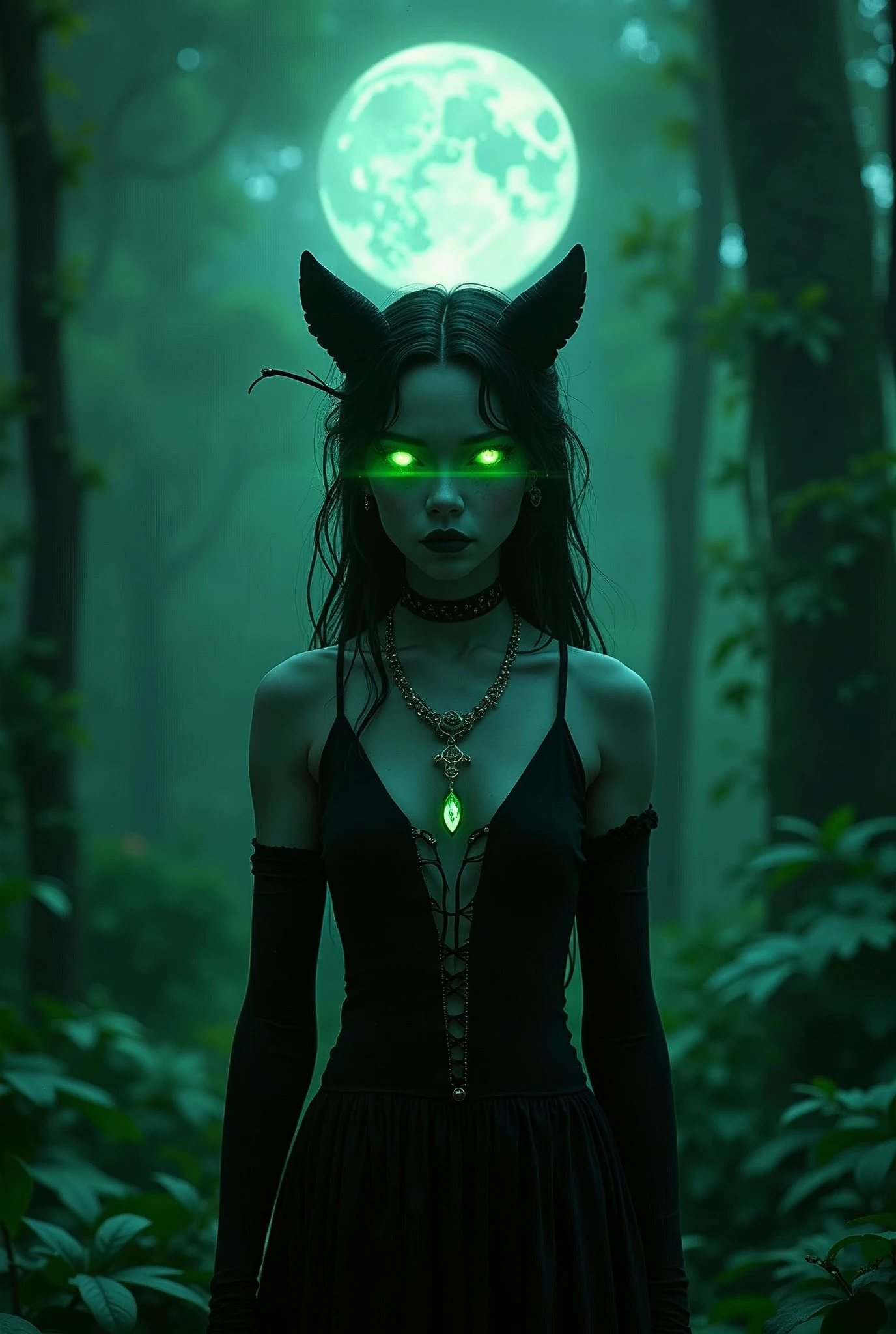 Wednesday Adams as Jenna Ortega me a picture of a nocturnal androgynous witch, of the Moon, from the shadows, green, Cyan call of the sign Aquarius, vegetarian,sus colores favoritos son el azul y el green pero sobre todo el viridian y es una pantera de ojos green neón del Amazonas.
without hat. He loves hallucinogenic mushrooms.