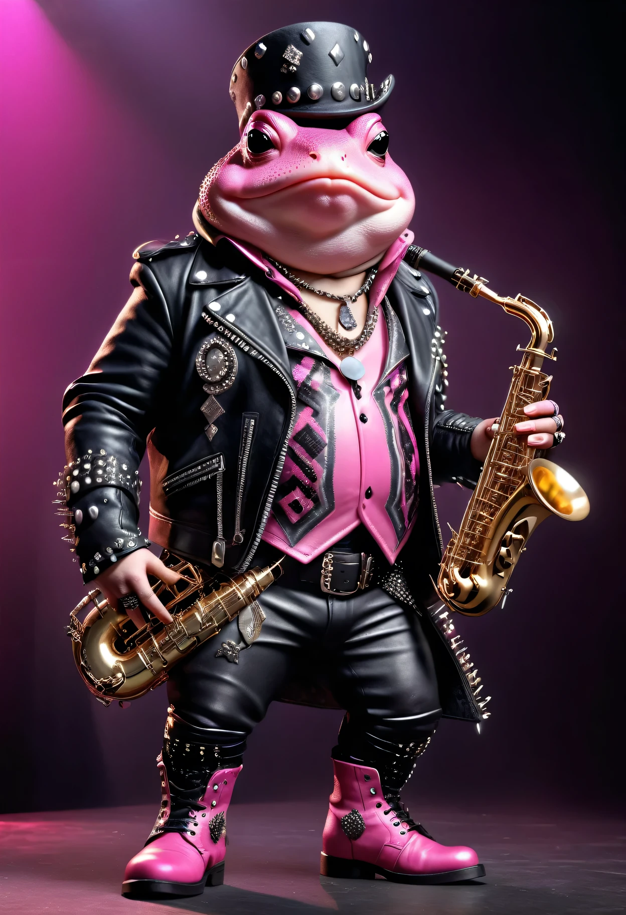 photorealistic portrait of Dressed animals - a ((fat) pink toad punk-rocker, (full body image:1.5), break,(holding a saxophone:2.0), Wearing a tailored black leather jacket featuring intricate silver stud patterns reminiscent of sacred symbols, leather boots, adorned in a modern punk-rock ensemble,, detailed and opulent description of modern punk-rock style, stage lighting, intricate ornate accessories, stage background