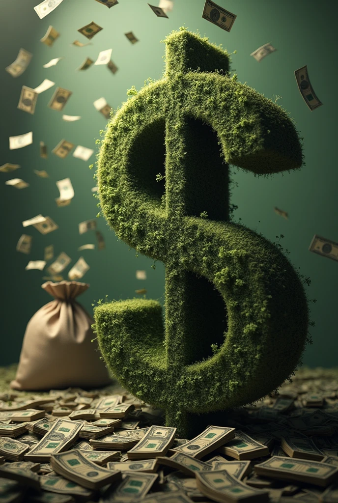 Dollar sign in the center thinking about a bag of money with other dollar signs in the background and with money falling to the profile