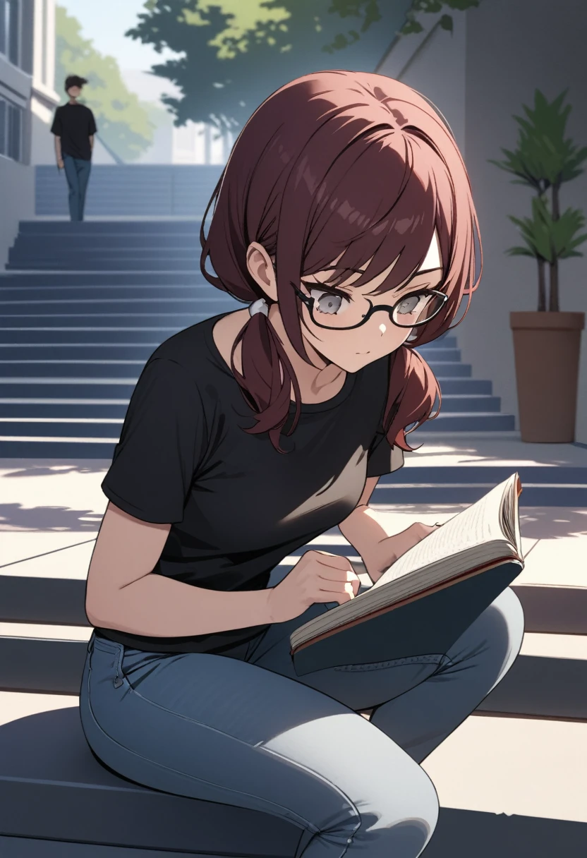 (masterpiece, best quality), stoic, glasses, looking down at and reading book, beautiful face, upper body, close up, Gray eyes, dark red hair, swept bangs, low twin tails, white ribbons, glasses, strapless black shirt with pocket, jeans, small breasts, shadows, college campus, sitting on steps, shadows, lockers, people in background, sunset, potted plants,