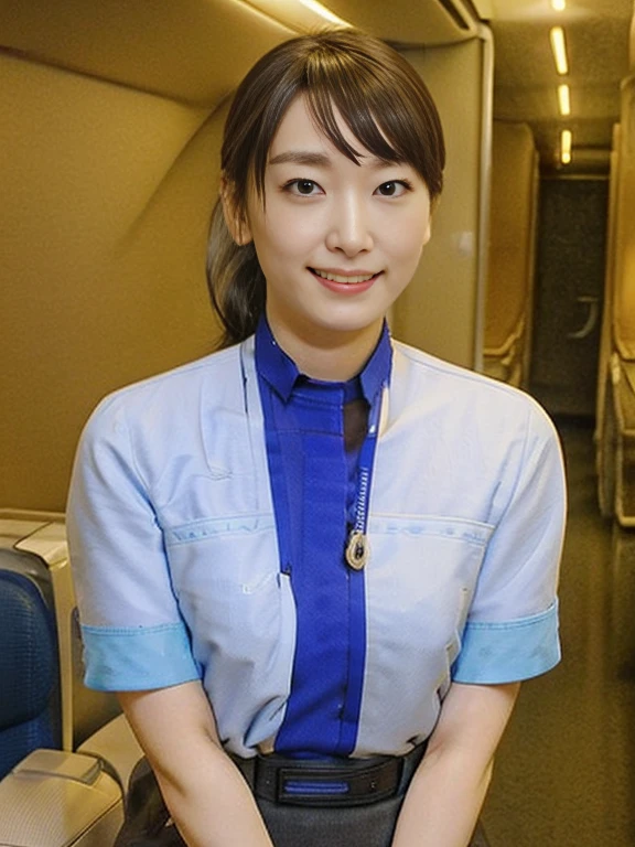 (Masterpiece, Best quality:1.2), (Ultra realistic, Photo-realistic:1.2), Full body, (From Below, looking down:1.2), (kneeling:1.3), Natural light, 25 years old actress, Japanese women, Neat and clean, cabincrew, (cabincrew uniform:1.2), (unbutton:1.3), (ponytail:1.2), Light brown hair color, (Beautiful Face), Oval face, clear, (Beautiful eyes, Kind eyes), (Clear skin), Small face, (Small mouth, Beautiful mouth), Natural makeup, Approachable, Luxury hotel Suite room, On bed, nsfw, Seductive smile, (Seductive pose:1.2), (Beautiful thighs:1.2), Bedroom eyes,