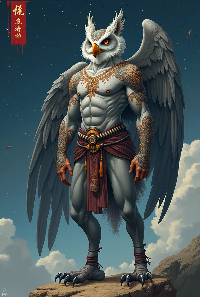 (work of art, high qualiy, furry commission art, high resolution, detailded), (male anthropoid owl), (birds' feet, bird legs, claws), (Large hem), big balls, heavy balls hanging, grayish gray fur, (intricate tribal tattoos, bright marks), (Kale), simply bad, 1 guy, (beak), avian, (Wings on back), (por fluffkevlar, fluff-kevlar):0.8, plein-air, starlight, Cao Cao, chic, Legs long,