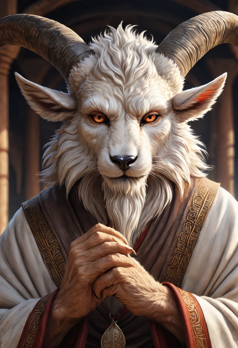 Anthropomorphic kitsune-satyr monk. Old, wrinkled ancient, decrepit. wise face. wizened. long detailed fingers. Official Art – An Award-Winning Digital Masterpiece In 4K Ultra HD, Extreme Detail And Intricate Realism. Symmetrical Face. This Concept Art Brought To Life By The Hands Of Artists Like Wlop & Artgerm In A Stunning 2D Vector Illustration. Background Is A Panoramic Vista.