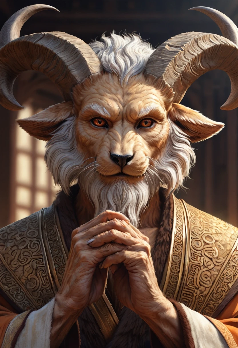 Anthropomorphic  kitsune-satyr monk. Old, wrinkled ancient, decrepit. wise face. wizened. long detailed fingers. Official Art – An Award-Winning Digital Masterpiece In 4K Ultra HD, Extreme Detail And Intricate Realism. Symmetrical Face. This Concept Art Brought To Life By The Hands Of Artists Like Wlop & Artgerm In A Stunning 2D Vector Illustration.  Background Is A Panoramic Vista.
