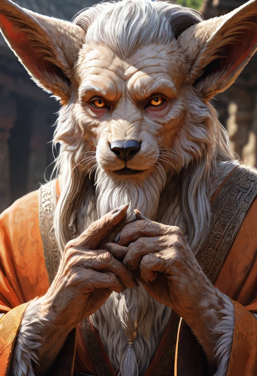 Anthropomorphic kitsune-satyr monk. Old, wrinkled ancient, decrepit. wise face. wizened. long detailed fingers. Official Art – An Award-Winning Digital Masterpiece In 4K Ultra HD, Extreme Detail And Intricate Realism. Symmetrical Face. This Concept Art Brought To Life By The Hands Of Artists Like Wlop & Artgerm In A Stunning 2D Vector Illustration. Background Is A Panoramic Vista.