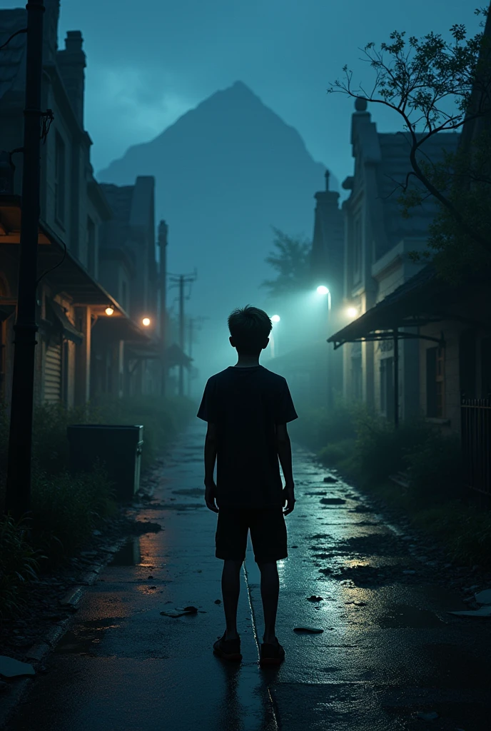 The main street of Jurassic world abandoned at night and the shadow of a 14 year old boy illuminated the remains