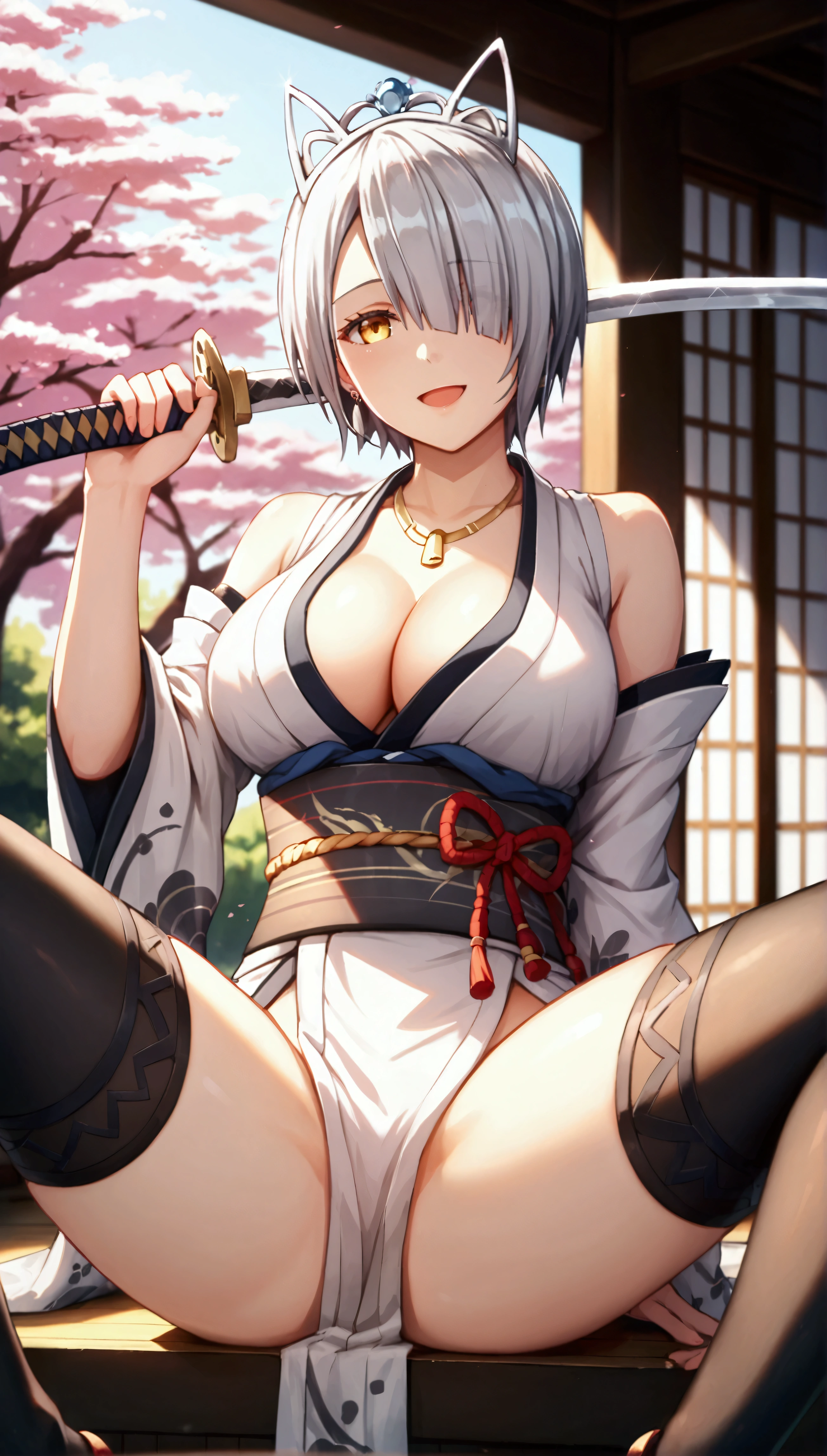 (nsfw:1.5),{{{masterpiece}}}, {{{best quality}}}, {{ultra-detailed}}, {illustration}, {{an extremely delicate and beautiful}},(Edo townscape),1girl,smile, cute girl, solo, japanese clothes,short hair, (white hair:1.5),weapon,( sword:1.2), brown eyes, looking at viewer, kimono,(Clothes come off:1.5), brown hair, lips, hand on hip,( sheath:1.2),( katana:1.3), full body, closed mouth, sheathed, hand up,(upskart:1.5),(no panties:1.2),(Kneeling:1.3)