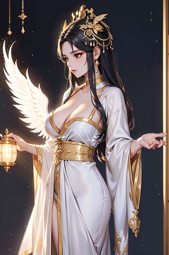 Black Hair, Immortal, Beauty, Royal sister, Stepmother, White and gold robe robe, Golden Phoenix Coronet, Hair Bunch, Beautiful Breasts , Mature Woman,Sunshine