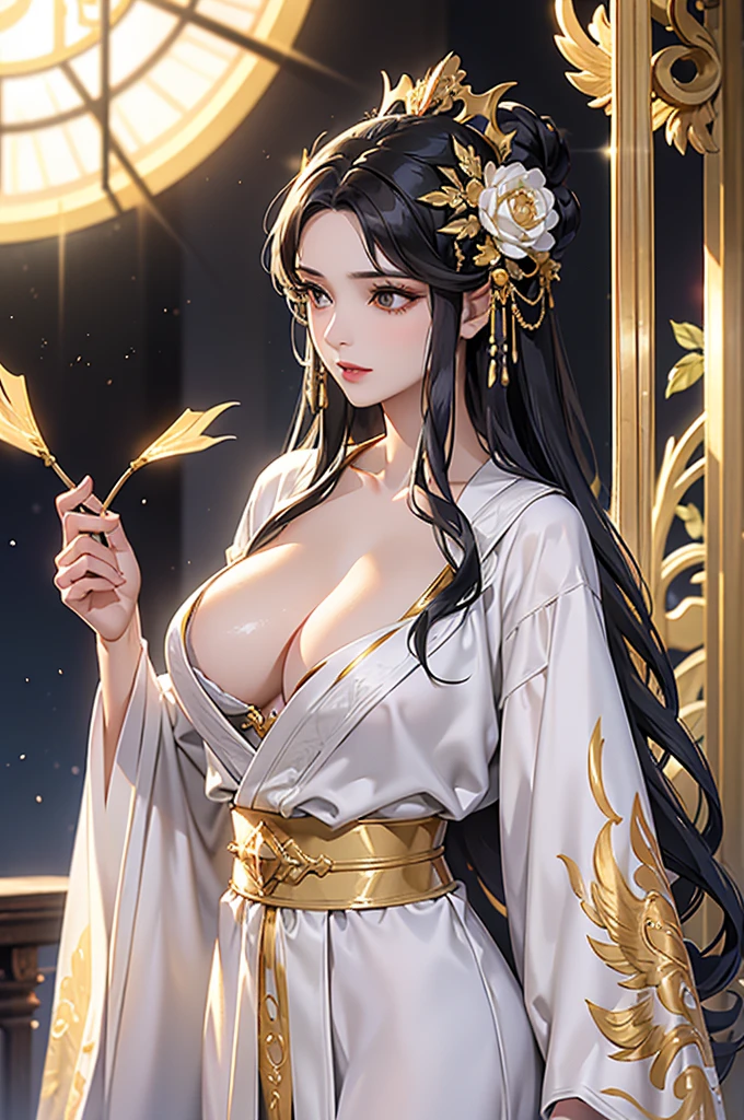 Black Hair, Immortal, Beauty, Royal sister, Stepmother, White and gold robe robe, Golden Phoenix Coronet, Hair Bunch, Beautiful Breasts , Mature Woman,Sunshine