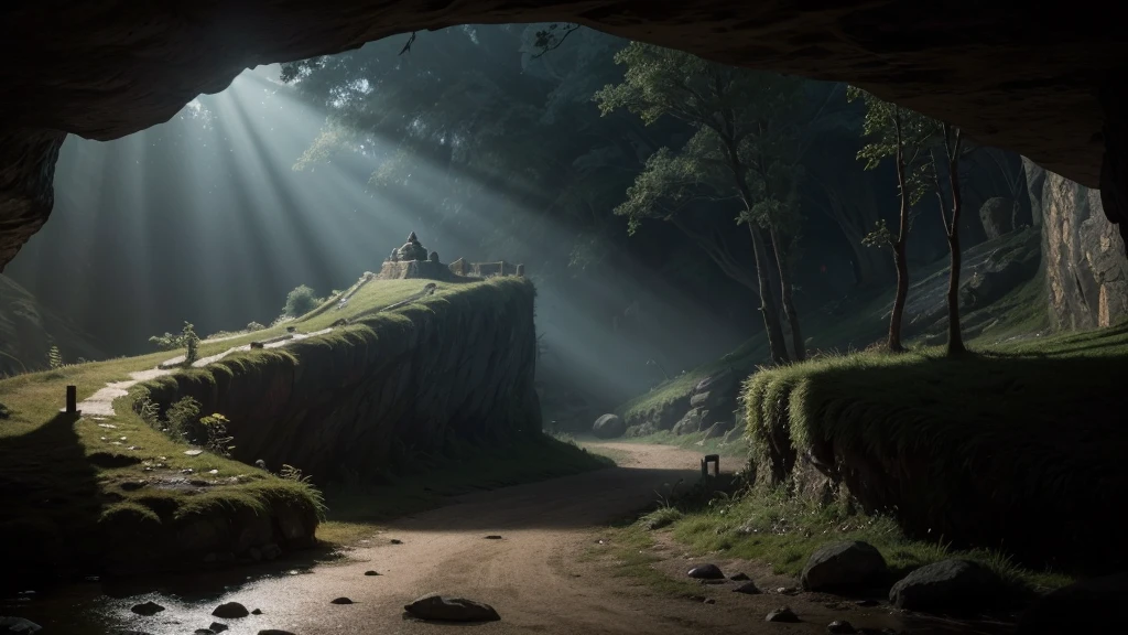a medieval scroll, a dimly lit cave, a flickering lantern, intricate detailed textures, warm lighting, cinematic composition, dramatic shadows, mysterious atmosphere, moody chiaroscuro, fantasy landscape, high quality, 8K, photorealistic, masterpiece, dramatic lighting, atmospheric haze, detailed environment, lush foliage, cinematic framing, dramatic depth of field, seamless integration, impeccable execution