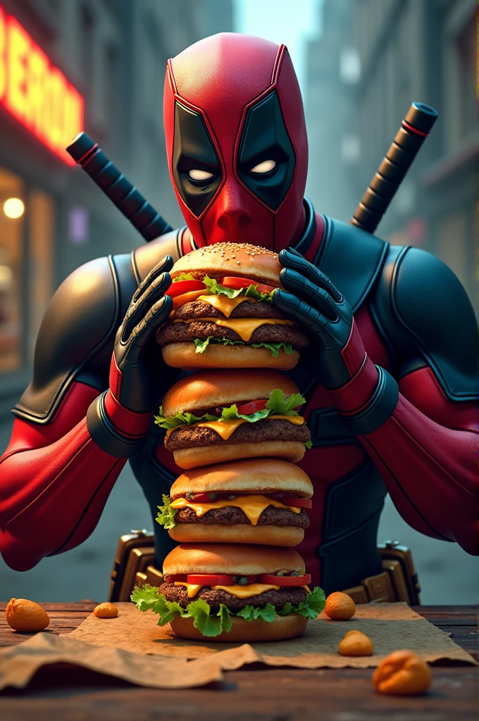 Deadpool eating burgers