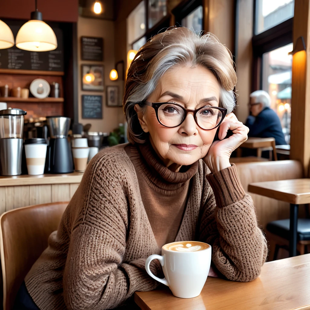 80 years old woman,Black-rimmed glasses,Brown sweater,Older people have a leaning forward posture,sitting in a coffee shop,Calm expression,Morning Set,