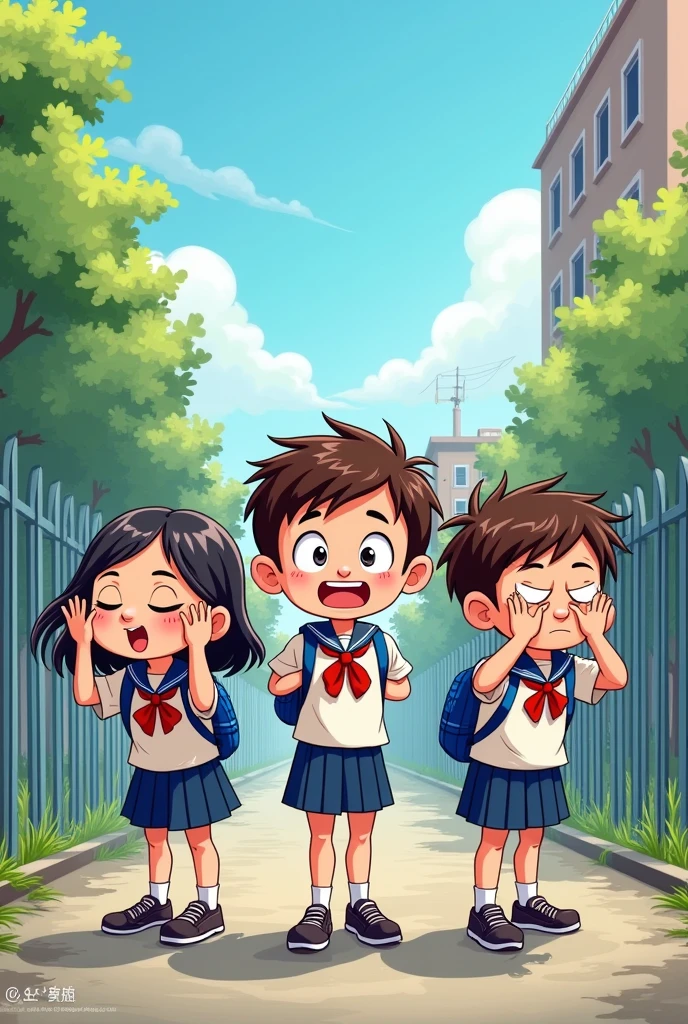 3 school baccha boundary ka bahar ek munh mein hath lagakar ek Kan mein Laga kar aankhon mein hath lagate Hain cartoon se