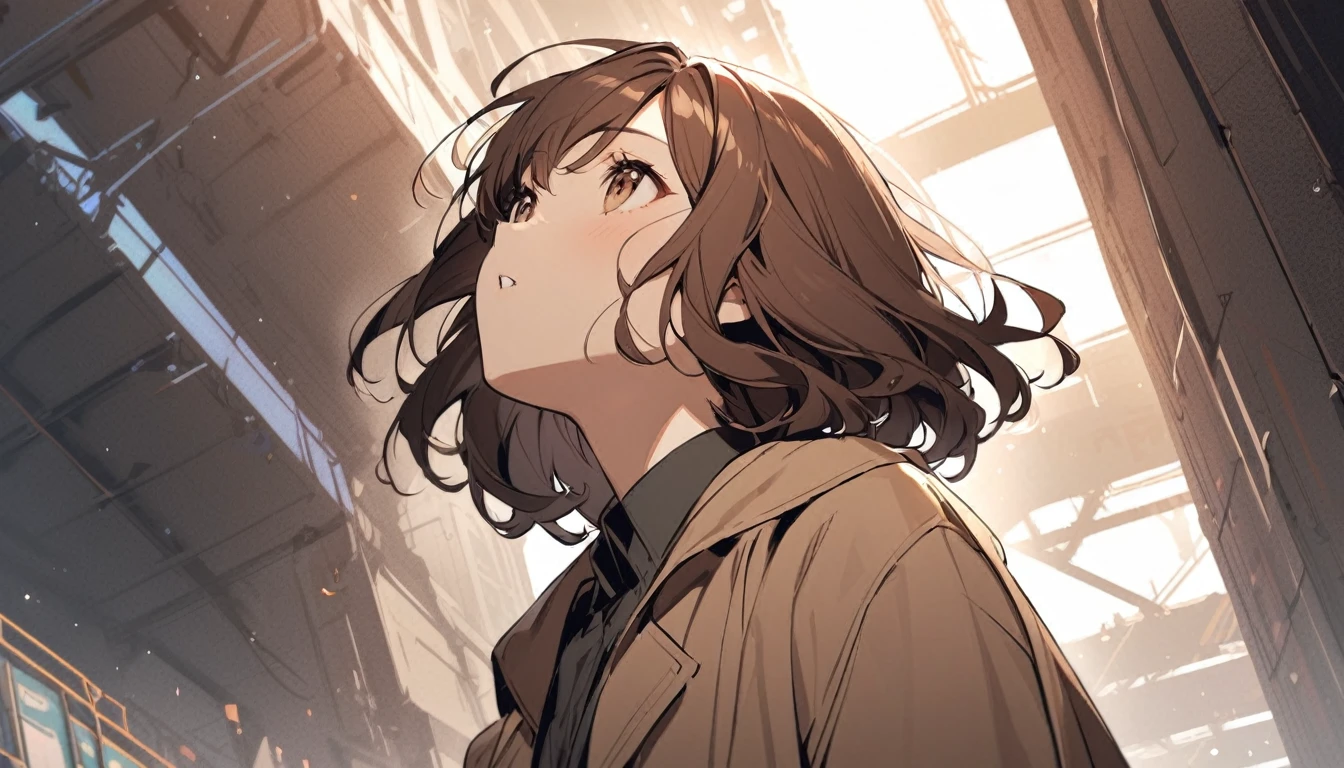 A girl with wavy brown bob hair wearing a dark beige coat. look up.