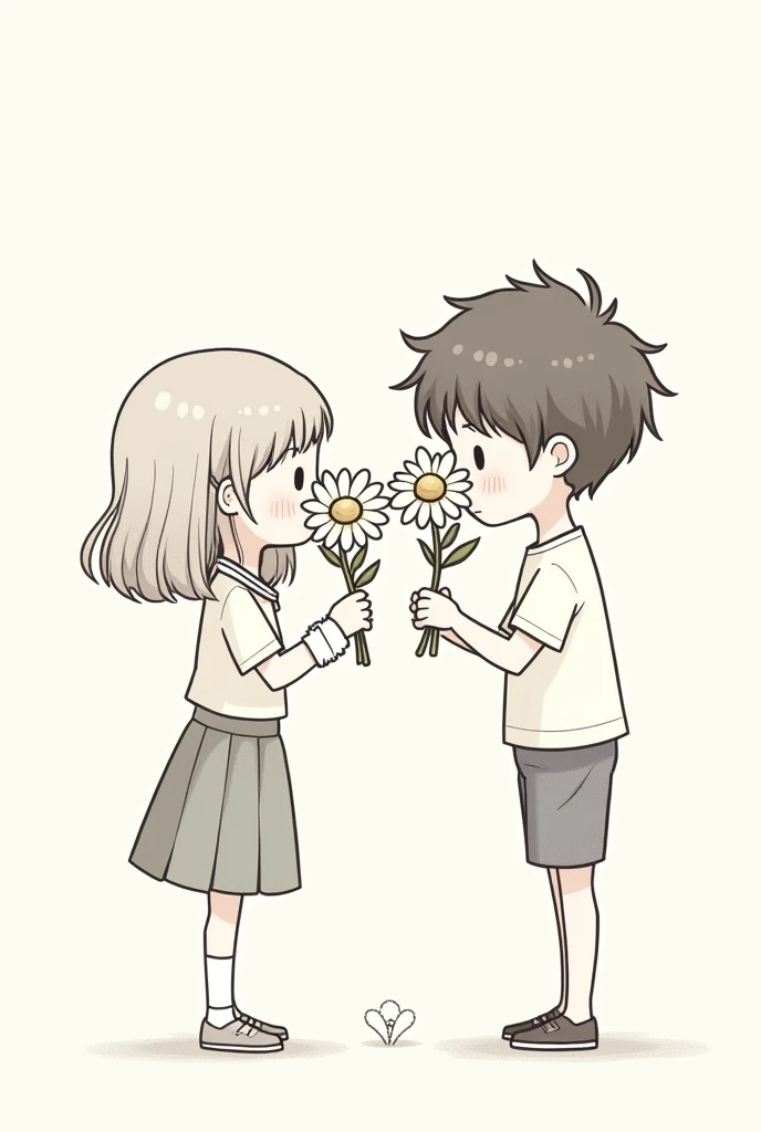 Draw with hand-drawn lines。No colors, just lines。Like American anime、Please make it 2:1!It's pop and cute!
The content is the moment when a girl gives a boy a flower.。Their faces are hidden by flowers。
