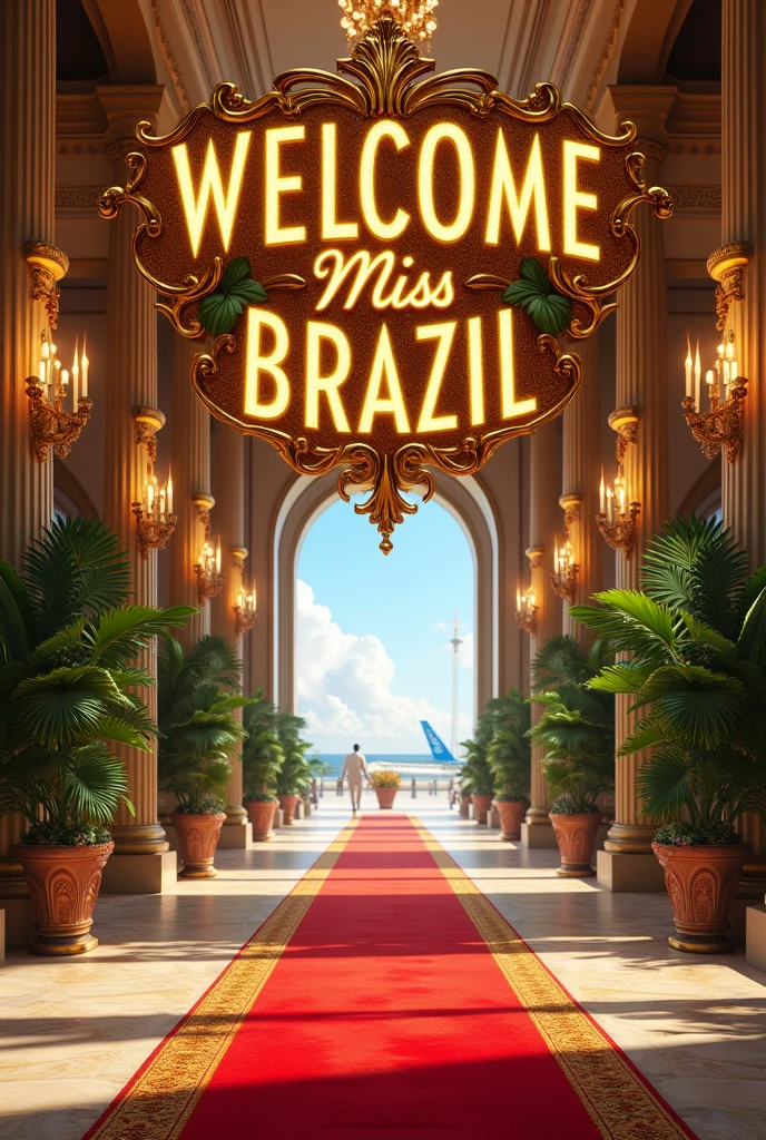 Now help me make an airport that says WELCOME Miss Brazil with a giant and luxurious sign that has a carpet