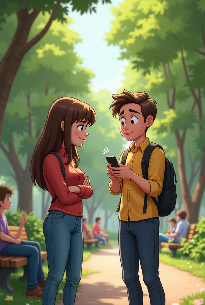 Two people are standing in a park. Person A is holding a phone with a puzzled expression.