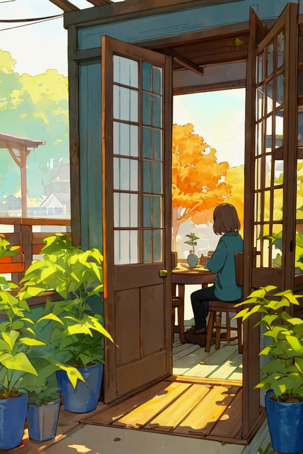 front view of the coffee shop,A cozy, charming café with an inviting atmosphere. The café has a blue exterior with a rustic wooden door and large windows displaying the interior. The building is surrounded by lush greenery, including plants growing up the walls and hanging flower baskets filled with colorful blooms. There is a small outdoor seating area with a round table and wooden stools, with two cups of coffee placed on the table. The scene is set during autumn, with vibrant orange and yellow leaves on the trees that arch over the café, creating a warm and welcoming ambiance. In the background, there is a serene lakeside view with a distant sailboat, under a partly cloudy sky. The lighting is soft, with shadows adding depth to the scene, making it feel peaceful and inviting,theme of analog color, hip hop lo-fi, retro, flat, 2.5D, line drawing, ink painting, watercolor painting, pastel color, Studio Ghibli style, bright colors, lo-fi style, old texture, amplitude, masterpiece, technology of wonders