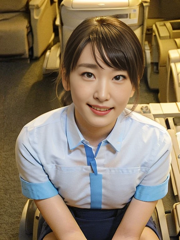 (Masterpiece, Best quality:1.2), (Ultra realistic, Photo-realistic:1.2), Full body, (From above, looking up:1.2), (kneeling:1.3), Natural light, 25 years old actress, Japanese women, Neat and clean, cabincrew, (cabincrew uniform:1.2), (unbutton:1.3), (ponytail:1.2), Light brown hair color, (Beautiful Face), Oval face, clear, (Beautiful eyes, Kind eyes), (Clear skin), Small face, (Small mouth, Beautiful mouth), Natural makeup, Approachable, Luxury hotel Suite room, On bed, nsfw, Seductive smile, (Seductive pose:1.2), (Beautiful thighs:1.2), Bedroom eyes,