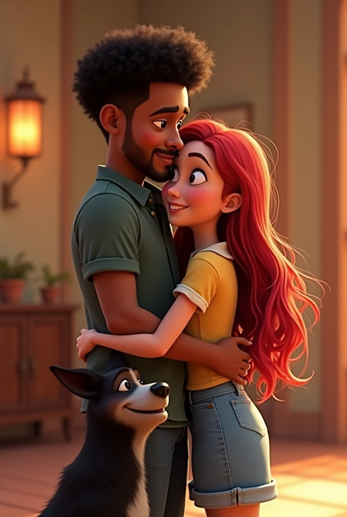 Disney Pixar-type animation of a young Colombian man with dark skin, cheek, a fat man, Short curly black hair with a fade cut, thin nose, thin eyebrows and short beard. Hugging a young woman with long violet red hair very lovingly, white skin and a border collie dog with all black hair