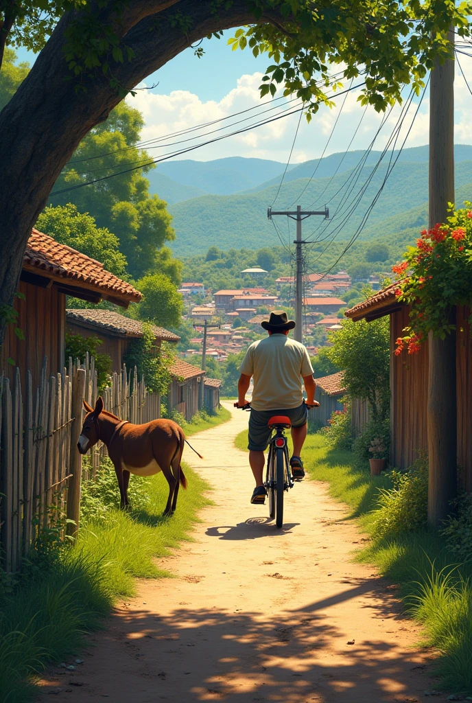 An image of a town in the Colombian Guajira, where there is a path full of leafy trees and a man riding a bicycle, a donkey tied to a fence