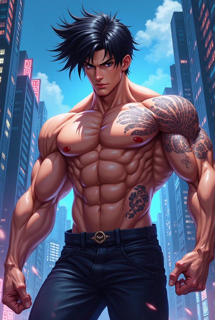 A shirtless anime character