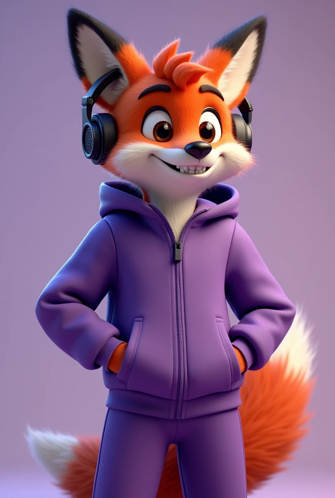 A disney pixar 4d style fox wearing a stylish purple tracksuit dropshipping wearing and sporting a stylish headphone smiling