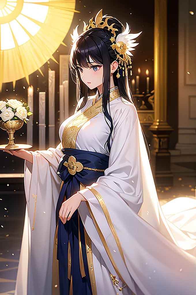 Black Hair, Immortal, Beauty, Royal sister, Stepmother, White and gold robe robe, Golden Phoenix Coronet, Hair Bunch, Mature Woman,Sunshine