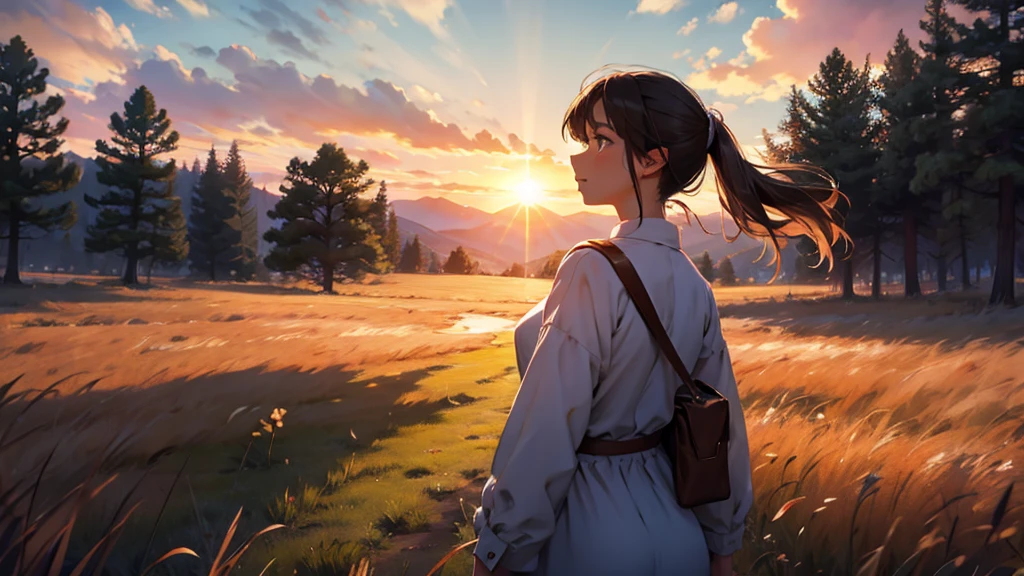 a girl looking at the sun introspectively, looking at a sunset, in an open field, with leaves flying around, with the look of someone lost in life, afraid of the future, rear view