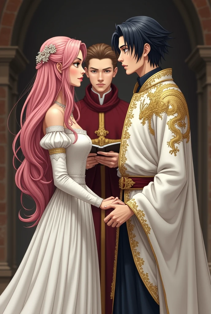 Medieval romantic setting. Beautiful woman with pink long hair and hazel eyes clad in a white wedding dress with golden dragon pattern embroidery. The man is handsome and tall with a sasuke uchiha hairstyle and dark eyes clad in regal white and golden dragon pattern embroidery. A priest officiates the wedding and is clad in burgundy. The couple is caucasian and is in their late twenties.