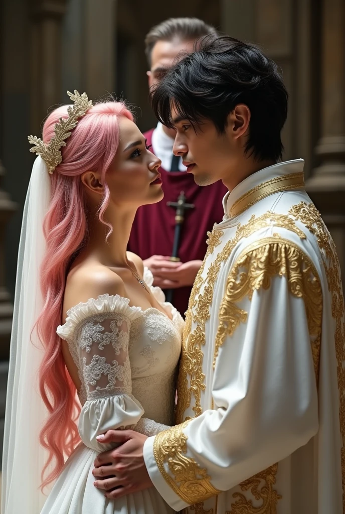 Medieval romantic setting. Beautiful woman with pink long hair and hazel eyes clad in a white wedding dress with golden dragon pattern embroidery. The man is handsome with neck length messy black hair and dark eyes clad in regal white and golden dragon pattern embroidery. A priest officiates the wedding and is clad in burgundy.