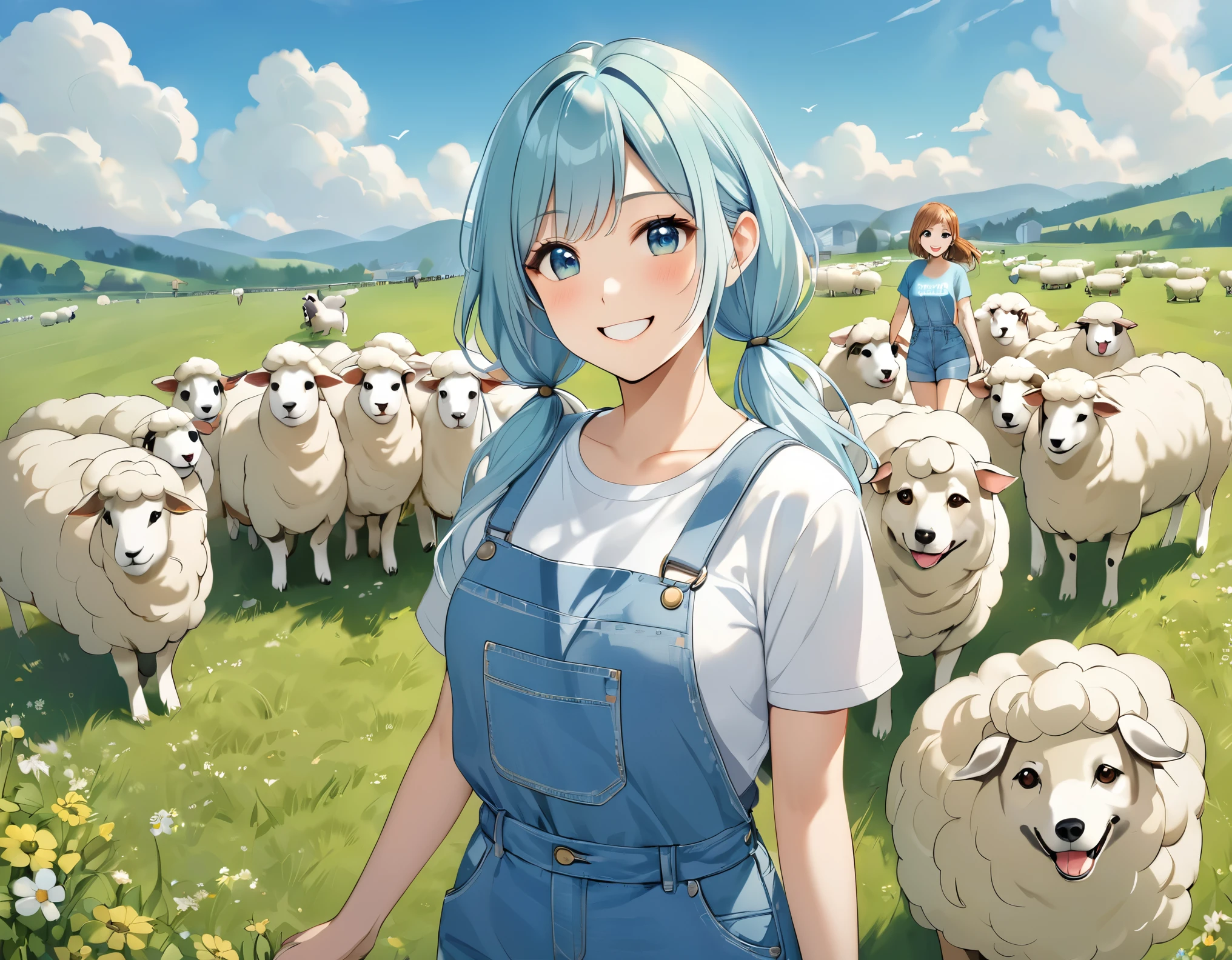 Light blue long hair、beautiful girl with twin tails、T-shirt and denim jumpsuit、A happy smile、Sheep pasture、Lots of sheep、Smiling girl holding a sheep、blue sky、Two dogs watching over sheep