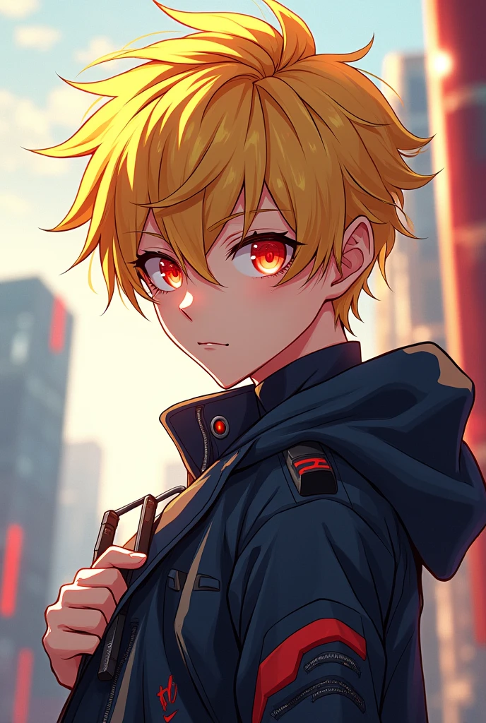 Anime boy with yellow hair red eyes and cool look